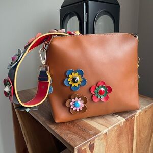Floral Embellished Tan Crossbody Bag - Beautifully Handmade Work of Art